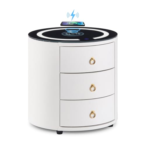 CLIPOP Nachttisch mit Kabellose Ladestation und Verstellbare LED Licht, Holz Rund Smart Nachtschrank mit 3 Schubladen, Leucht Weißes Gehärtete Glasplatte für Schlafzimme Wohnzimmer Weiß