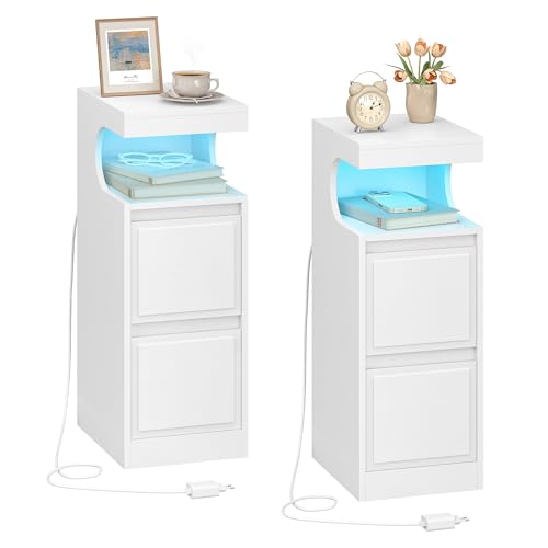 Hzuaneri Nachttisch 2er Set mit LED-Beleuchtung, Beistelltisch mit 2 Schubladen, Nachttische mit offenen Fach, Verstellbares Licht, für Schlafzimmer, Wohnzimmer, 30 x 24 x 65 cm Weiß NS39213X