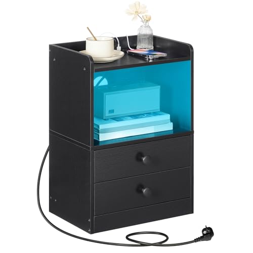 HOOBRO Nachttisch mit LED Streifen, Nachttisch mit Ladestation, Beistelltisch mit 2 Schubladen, Sofatisch für Schlafzimmer, Wohnzimmer, moderner Stil, Schwarz EBK28CDBZ01