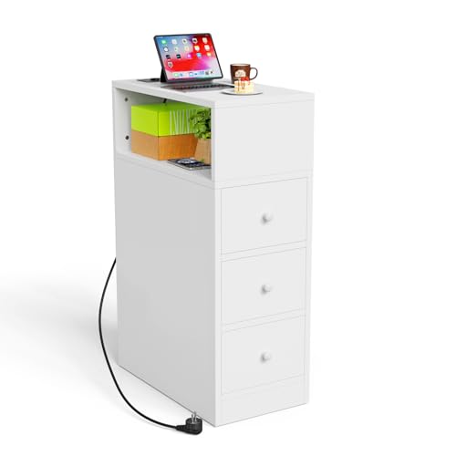 PIPIPOXER Nachttisch schmal, Nachttisch mit Steckdose & USB, Nachtschrank mit 3 Schublade, 1 Offenen Fächern für Schlafzimmer, Wohnzimmer, 45x25x70 cm (Weiß, 1er Set)