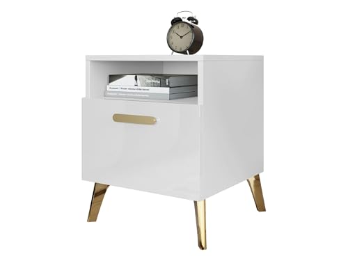 Mirjan24 Picru 1SZ mit Schublade und offenem Fach, Nachtschrank, Nachtkonsole, Nachtkommode, Beistelltisch (Weiß/Weiß Hochglanz + Gold)
