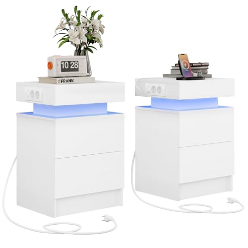 IRONCK Nachttisch 2er Set mit LED-Lichtern & 2 AC-Steckdose, Beistelltisch mit USB+Typ-C Anschlussen, Nachtschrank mit 2 Schubladen, Sofatisch für Schlafzimmer, Wohnzimmer, Weiß