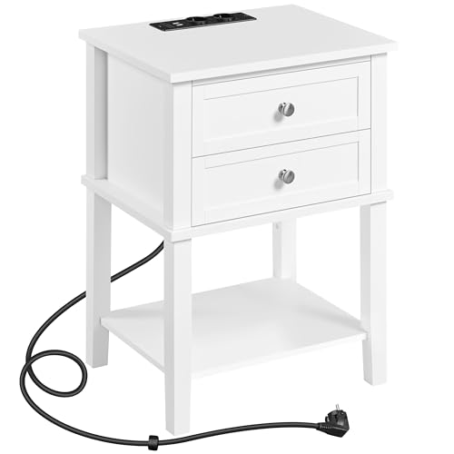 Yaheetech Nachtschrank Nachttisch mit Steckdose & USB-Anschlüsse Beistelltisch mit 2 Schubladen und offener Ablage Holz Sofatisch Nachtkommode für Schlafzimmer/Wohnzimmer, Weiß
