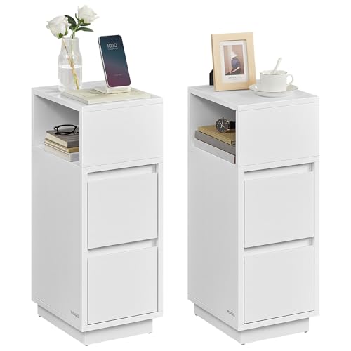 VASAGLE Kailyn Kollektion - Nachttisch 2er Set, schmal, Beistelltisch 2 Schubladen, offenes Fach nach Links oder rechts flexibel montierbar, Schlafzimmer Wohnzimmer, wolkenweiß LET856W01