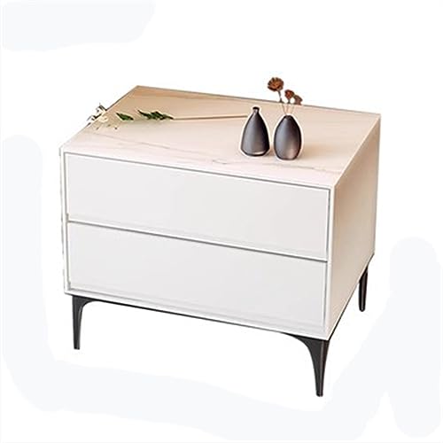 AYCDL Beistelltisch, Nachttisch, Zwei Schubladen ohne Griff, Nachttisch, Steinplatte, Nachttisch, Tischfüße aus Stahl, Nachttischmöbel/Schwarz, Khaki, Silber, Weiß, Dunkelgrau,Blanc-3