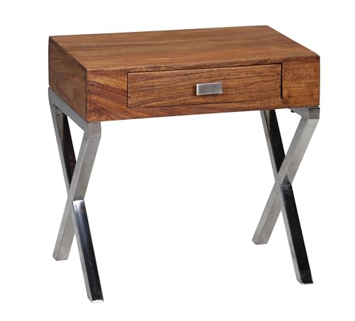 WOHNLING Nachttisch GUNA Massiv-Holz Sheesham Nacht-Kommode 45 cm 1 Schublade mit Metallbeine Nachtschrank Landhaus-Stil Echt-Holz Nachtkästchen dunkel-braun Nacht-Konsole Natur-Produkt Schlafzimmer-M