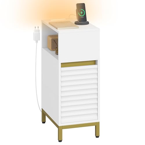 Hzuaneri Nachttisch, Schmal Beistelltisch mit LED-Beleuchtung, 1 USB-A-Anschluss, 1 USB-C-Anschluss, Nachttische mit Seitliches offenes Fach, für Schlafzimmer, Wohnzimmer, Weiß-Gold NS00503G
