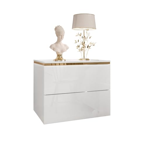 Lookway Nachttisch Aurora II Weiß Hochglanz mit LED Beleuchtung Hängend oder auf Goldenen Beinen Gold Dekorative Leiste Modernes Schlafzimmermöbel (Hängend)