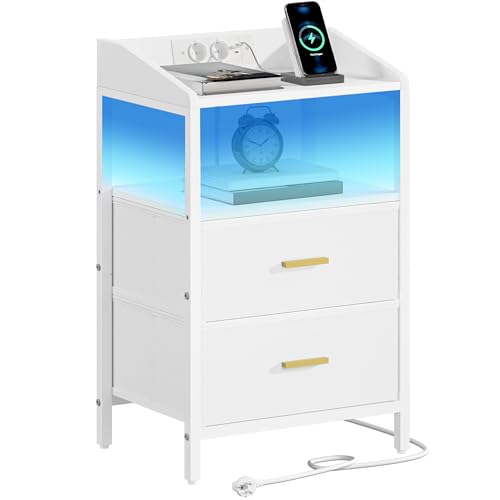Hzuaneri Nachttisch mit LED-Leuchten und Ladestation, Beistelltisch mit 2 Stoff-Schubladen und Regalen, mit USB-Anschlüssen & Steckdosen, für Schlafzimmer, Wohnzimmer, Weiß NS36113W
