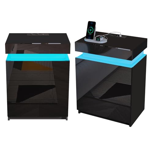 Ikewaier 2er Set Moderner Hochglanz Nachttisch Schrank Kommode mit 3 Schubladen Schlafzimmer Beistelltisch Nachttisch mit 16 Farben RGB LED Lichter Möbel Dekoration 45x35x67cm (Schwarz)