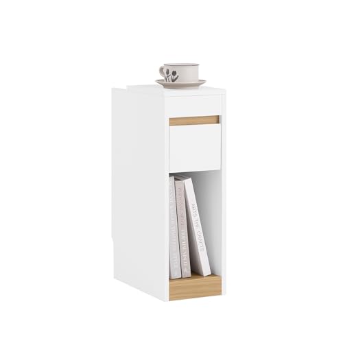 SoBuy Nachttische mit Abnehmbarem Oberteil und Schublade, Schmale Beistelltische für Sofa, Nachttische für Schlafzimmer und Wohnzimmer, Hoher Schmaler Tisch Weiß und Holz BHT ca. 20x60x35 cm FBT163-WN