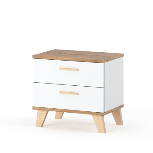 MartHome ALFA Skandinavischer Nachttisch in Weiß Matt mit Eichenoptik-Blatt - 2 Rollschubladen, Robuste ABS-Kanten - Stilvoll & Kompakt, Ideal für Schlafzimmer und Wohnzimmer, Einfache Selbstmontage