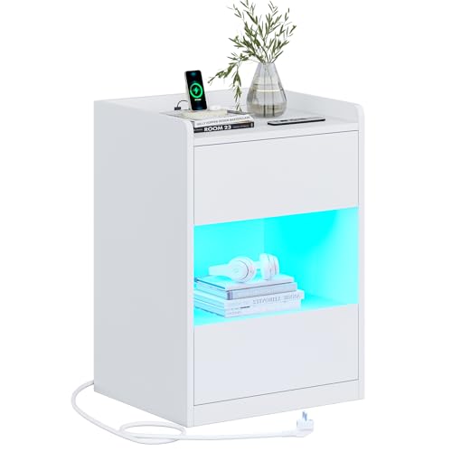 AOGLLATI Nachttisch mit LED-Beleuchtung und Ladestation, Nachtschrank mit 2 Schubladen und 1 Fach Beistelltisch mit Steckdosen Sofatisch für Schlafzimmer, Wohnzimmer 40x35x60cm (1, Weiß)
