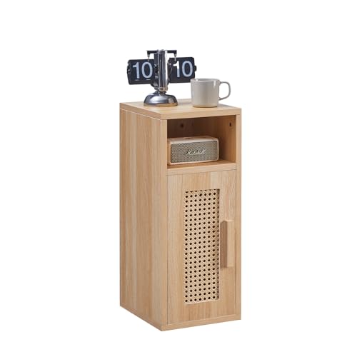 OCTTZ Nachttisch Schmal, Holz Beistelltisch mit magnetischer Tür, Nachtschrank Rattan mit offenem Fach für Schlafzimmer, Wohnzimmer, Büro, 25×30×60?cm Natürliche Farbe