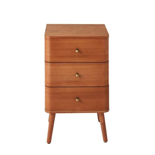 Calicosy Nachttisch Karl, 3 Schubladen mit abgerundeten Fronten und bronzefarbenen Griffen, Holzfurnier und Beinen aus massivem Kiefernholz, Höhe 71 cm, Vintage-Stil