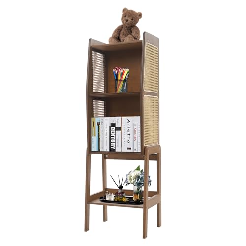 Walnuss Bücherregal, Aufbewahrungsschrank 4-stufiger Nachttisch Rattan mit Ablage, Nachtschrank mit Offene Fächer, Beistelltisch Schmal Bambus, für Flur Schlafzimmer Wohnzimmer Eingang 36.5*26.5*110cm