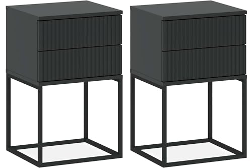 konsimo Nachttisch Rectus Nachtschrank, Modern, hergestellt in der EU, mit 2 Schubladen - (2-St), Beistelltisch, geriffelte Schubladenfront, Push-to-Open (anthrazit/schwarz)