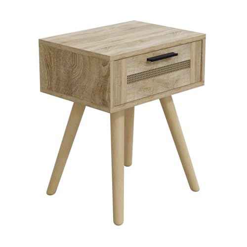 HAGO24 | Nachttisch | Beistelltisch | Nachtkommode | Rattan | Eiche Sonoma | 40x30x50 cm | Schublade | Massivholzfüße | Aluminiumgriff | Schlafzimmer | Möbel