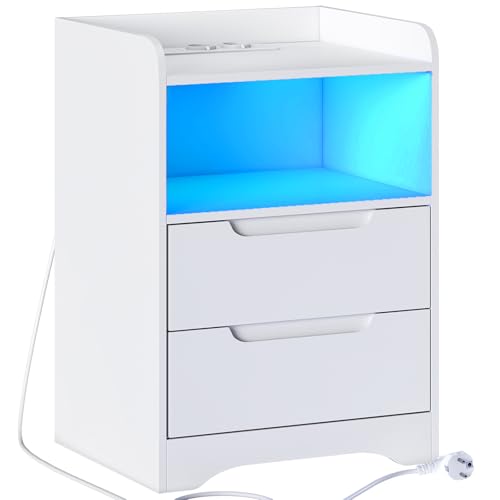 Brinlawb Steckdose LED (2 AC Steckdosen & 2 USB Anschlüsse) Nachtschrank 2 Schubladen 1 offenes Fach Beistelltisch Sofatisch für Wohnzimmer, Schlafzimmer, Weiß