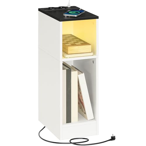 MAHANCRIS Beistelltisch mit Ladestation, Nachttisch mit Sensor-LED-Licht, Couchtisch, für Kleine Räume, Wohnzimmer, Schlafzimmer, Schwarz und Weiß AETHW25UE01