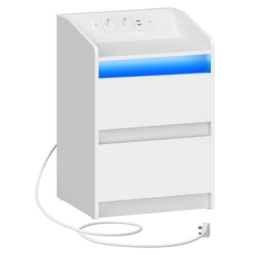 Hzuaneri Nachttische mit LED-Lichtern, Ladestation und 2 Schubladen, Beistelltisch mit USB-Anschlüssen & Steckdosen, Stilvoll und vielseitig, ideal für Wohnzimmer und Schlafzimmer, Weiß NS30003X
