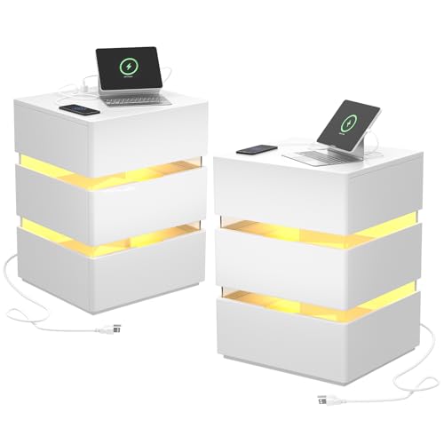 Bonnlo RGB LED Nachttisch mit Ladefunktion und USB-Anschlüssen, Kommode Weiß mit 3 Schubladen, Beistelltisch mit Steckdose aus Hochglanz-Spanplatte, 16 Farboptionen, 43 x 38 x 59 cm (2, weiß)