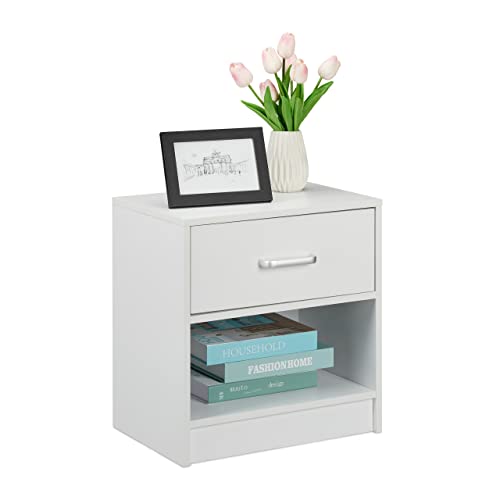 Relaxdays Nachttisch, Schublade, offenes Fach, HBT: 41,5 x 39 x 31 cm, Nachttischschrank Schlafzimmer, Nachtkasten, weiß