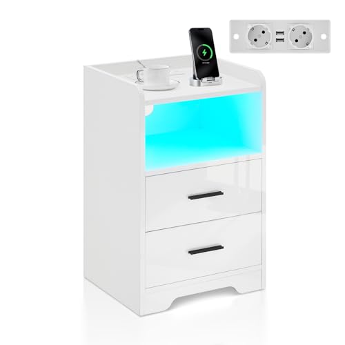 TUKAILAI Nachttisch mit Ladefunktion LED, Nightstand Holz Beistelltisch mit 2 Schublade, Nachtschrank für Schlafzimmer Modern Kommode Hochglanz Weiß 40 * 35 * 65 cm