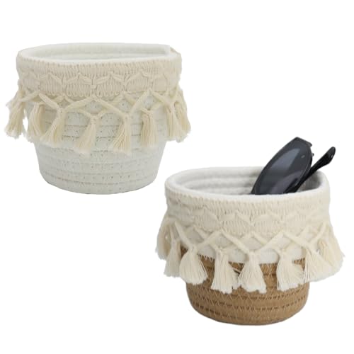 Chanseen Häkel-Brillenhalter für Nachttisch, Makramee, Strickaugen, Glas-Organizer, Mini-Aufbewahrungskorb mit Quasten für Brillen, Make-up, Pinsel, Schreibtisch, Tisch, Büro, 2 Stück