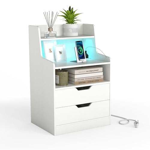 COSTWAY Nachttisch mit LED-Lichtern und Ladestation, Beistelltisch mit 2 Schubladen, offenen Fächern & Fernbedienung, Sofatisch, Nachtschrank für Boxspringbett, 45 x 35 x 72,5 cm (Weiß)