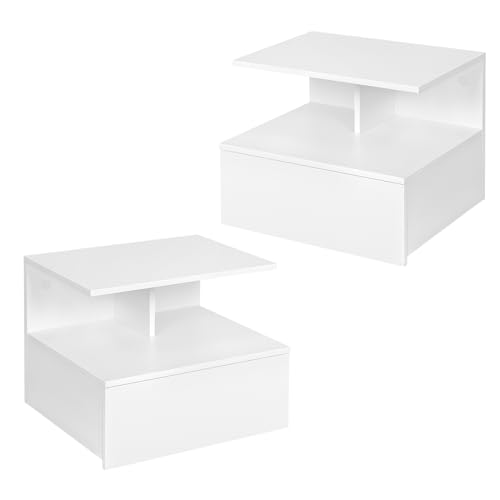 WOLTU 2er Set Nachttisch hängend, schwebender Nachtschrank mit Schublade, Wandregal Nachtkommode, offenem Fach, 40x31x35 cm, Nachtkonsole, Wandschrank, aus Holzwerkstoff, weiß, NTS03ws-2