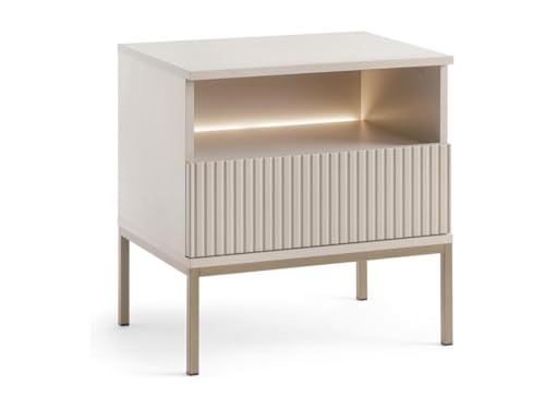 Vente-unique-Nachttisch mit 1 Schublade & 1 Ablagefach - Mit LED-Beleuchtung - MDF & Rauchglas - Beige - Ovila