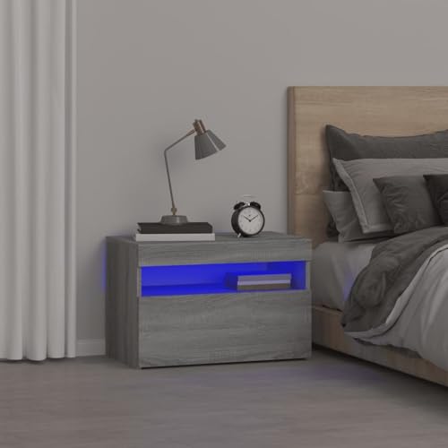 Gecheer Nachttisch mit LED-Leuchten Grau Sonoma 60x35x40 cm, Moderner Nachtschrank Beistelltisch für Schlafzimmer Gästezimmer Studentenwohnheim3152828