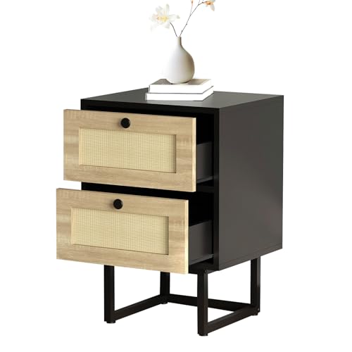 WAOHO 2 Schubladen Nachttisch Rattan,Beistelltisch Wohnzimmertisch,Nachtkomm ode mit Metallrahmen Für Schlafzimmer, Sofatisch,Nebentisch Kaffeetisch mit Ablagefach 57 * 40 * 34cm