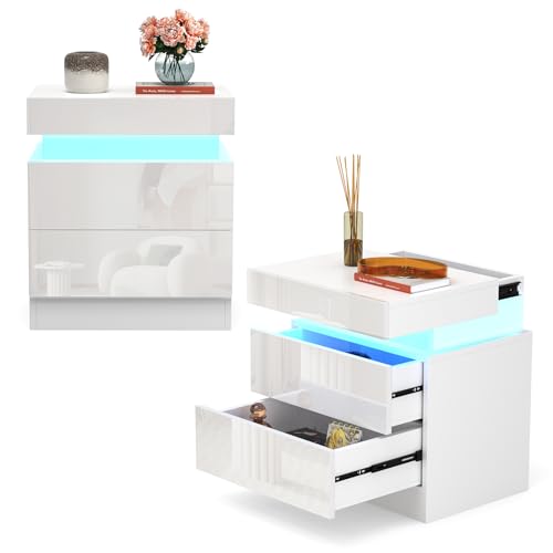 HaodaCulture Nachttisch 2er Set, Nachttisch Weiß Hochglanz mit LED, 2 Schubladen, Einstellbare 16 Farben, Schiebekommode Oben, Beistelltisch Nachtschrank für Schlafzimmer Wohnzimmer