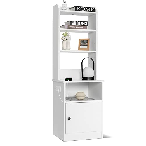 COSTWAY Nachttisch mit Ladefunktion, Nachtschrank mit offenen Regalen und Schrank für Boxspringbett, Beistelltisch mit verstellbarem Regal für Schlafzimmer, Wohnzimmer, 45 x 36 x 140,5 cm, Weiß