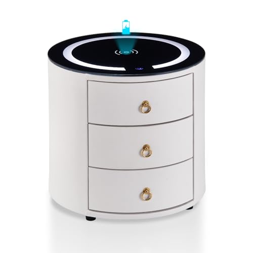 TUKAILAI Intelligenter Nachttisch mit ladefunktion, LED-Licht Einstellbar,Modern Nightstand mit 3 Schubladen für Schlafzimmer,Beistelltisc h Rund Weiß 46 * 46 * 46 cm