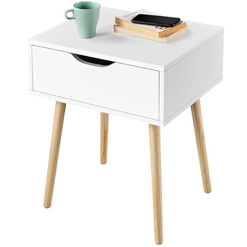 Yaheetech Nachttisch Beistelltisch mit Schublade Nachtkommode Nachtschrank Holzbeine Sofatisch MDF Couchtisch 41 x 48,5 x 57,5 cm, Weiß