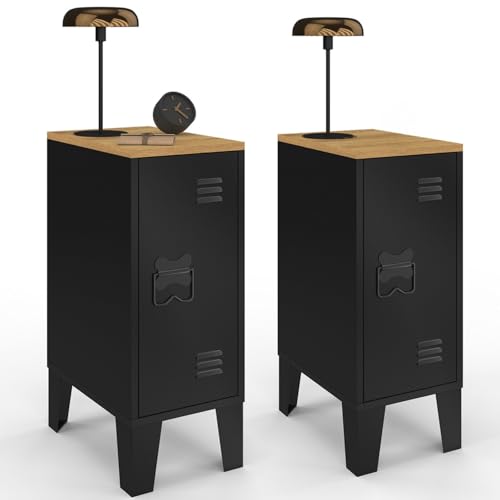 IDMarket - 2 Nachttische Ester, 1 Tür, Metall, Schwarz, Platte in Buche-Optik, industrielles Design