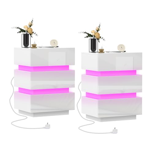 HaodaCulture Nachtschrank 2er Set, Nachttisch mit Steckdose, Nachtkommode Weiß Hochglanz mit LED, 3 Schubladen, 2 AC Steckdosen, 2 USB Anschlüsse, Beistelltisch für Schlafzimmer 45x35x62cm