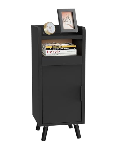 Durecoform Nachttisch Klein Schmal, Kleiner schwarzer Nachtschrank Holz mit Tür und Offenem Fach, Nachtkästchen Beistelltisch mit Stauraum Moderner Nachttisch für Schlafzimmer Wohnzimmer (25×30×61cm)
