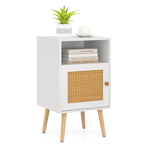 COSTWAY Nachttisch Rattan, Nachtschrank Holz, Beistelltisch mit offenem Regal & Tür, Sofatisch Landhausstil, ideal für Schlafzimmer und Wohnzimmer, 40 x 39 x 70cm (1, Weiß)
