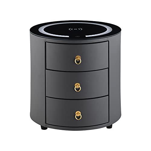 TUKAILAI Nachttisch mit Ladefunktion, Nightstand mit LED, Nachtschrank mit 3 Schubladen, Schlafzimmer Beistelltisch, Nachtkasten Modern, Nachttisch Rund 46×46×46cm, Grau