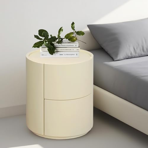 HavenGlide Nachttisch Rund mit 2 Schubladen, 40 cm breit, Moderner Leder-Nachttische, Nachtschrank aus Holz mit Stauraum, für Schlafzimmer Wohnzimmer, Beige