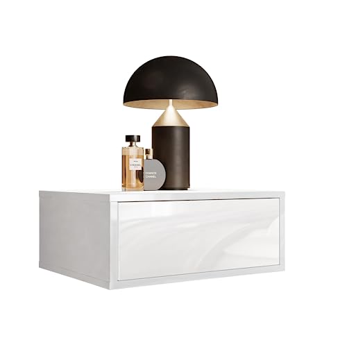 lukmebel Glamour Nachttisch Hängend - Wandregal Mit Schublade, Weiß Hochglanz, Push-Open, Ohne Griff (Nachtschrank, Nachtschränkchen, Nachtkommode, Boxspringbett)