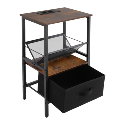 TouTToNG Nachttisch mit Ladestation, Kleiner Beistelltisch Nachtschrank, 2 AC-Anschlüsse & 2 USB-Anschlüssen, Schublade für Schlafzimmer, Vintagebraun Vintage