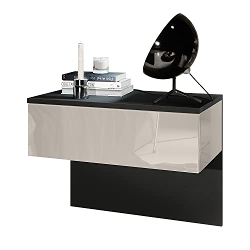 Vladon Nachttisch Sleep, Made in Germany, Nachttischschrank mit Schublade zur Wandmontage, Schwarz matt/Sandgrau Hochglanz (60 x 46 x 35 cm)