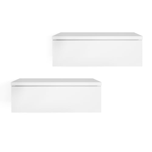 KOMTO Wandregal Schublade Weiß   Hängend 2er Set Wandmontage Wandschublade Nachtschrank Hängend | Monaco 46 x 30 x 15 cm