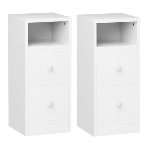 LEADZM Nachttisch 2er Set,schmal Beistelltisch mit 2 Schubladen, 1 offenes Fach für Schlafzimmer, Wohnzimmer, 25 * 30 * 60cm (2, Weiß)