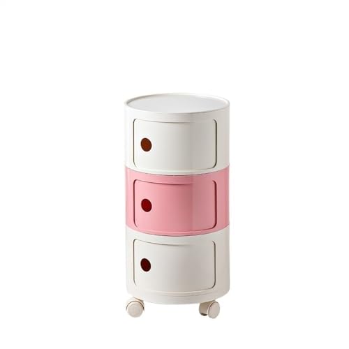 PVYGDXYI Rollbarer Nachttisch mit Stauraum, runder Nachttisch mit Schubladen, kleiner runder Beistelltisch für Wohnzimmer, Schlafzimmer (Farbe: Weiß / Rosa, Größe: 3 Etagen)